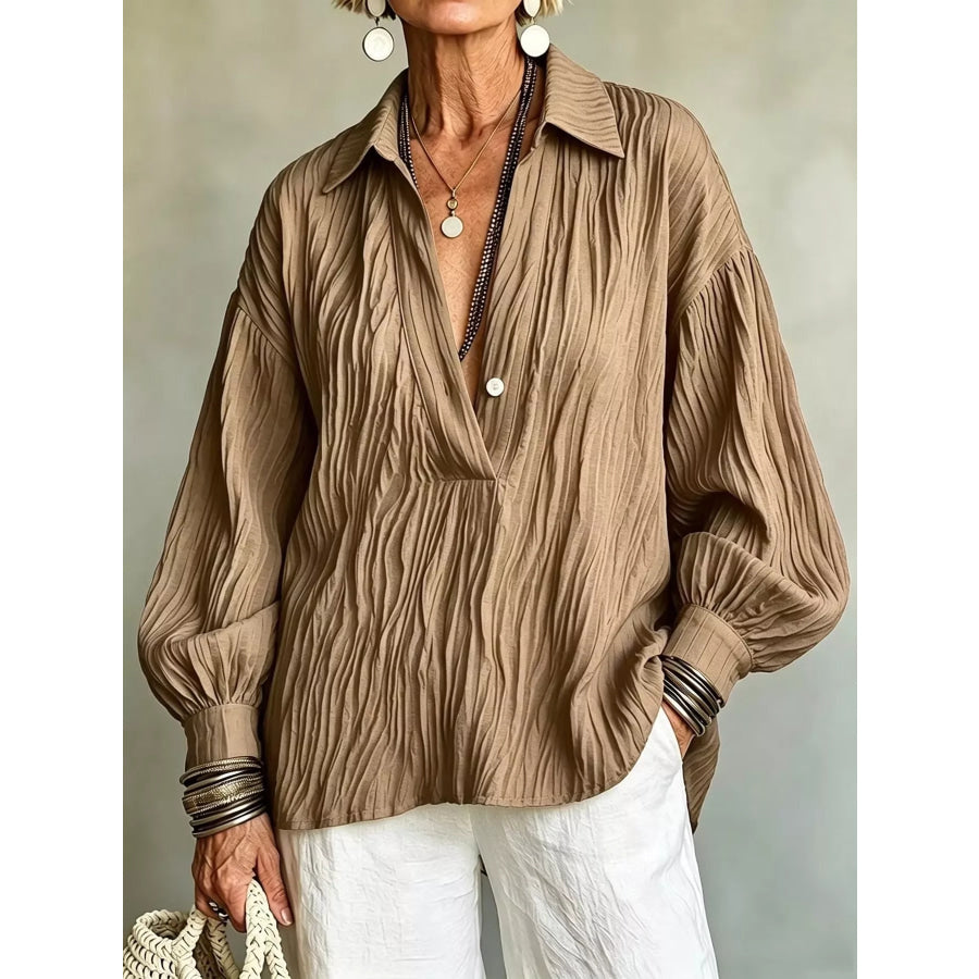 Full Size Texture Long Sleeve Blouse Plus Khaki / S Apparel and Accessories