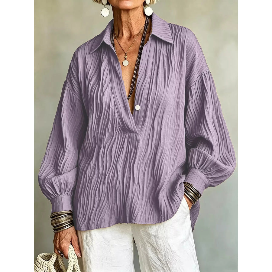 Full Size Texture Long Sleeve Blouse Plus Lavender / S Apparel and Accessories