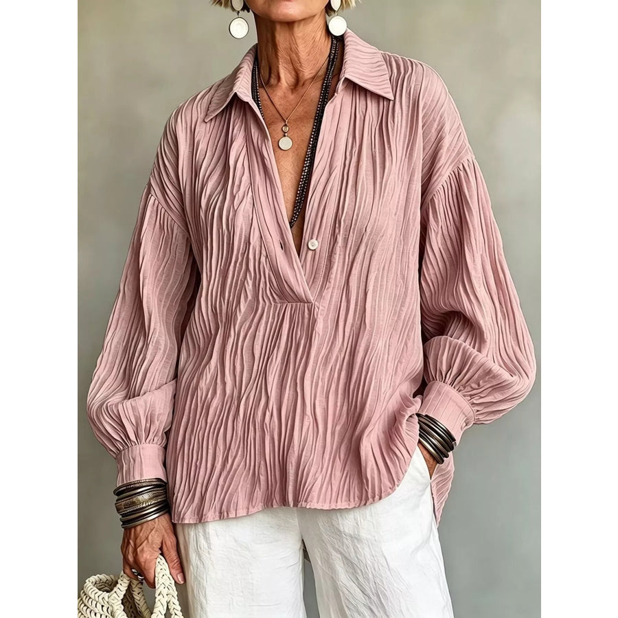 Full Size Texture Long Sleeve Blouse Plus Pink / S Apparel and Accessories