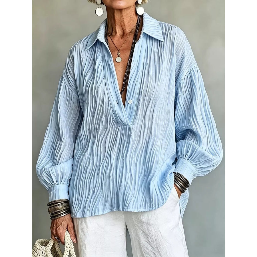 Full Size Texture Long Sleeve Blouse Plus Sky Blue / S Apparel and Accessories
