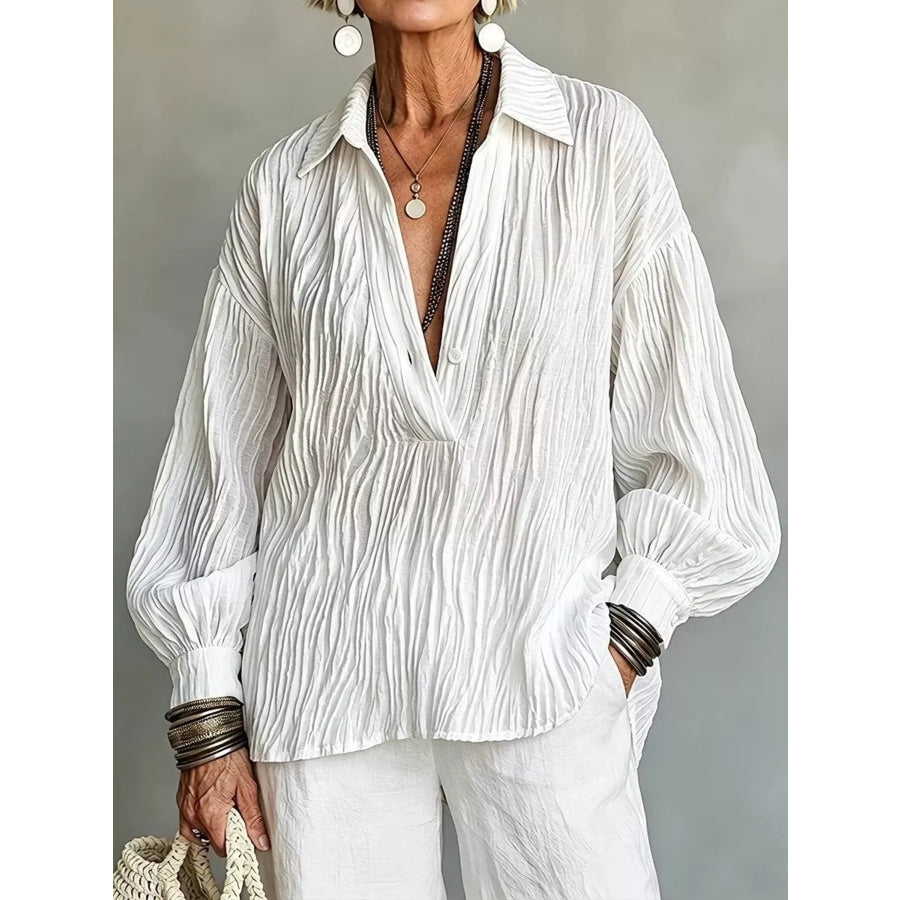 Full Size Texture Long Sleeve Blouse Plus White / S Apparel and Accessories