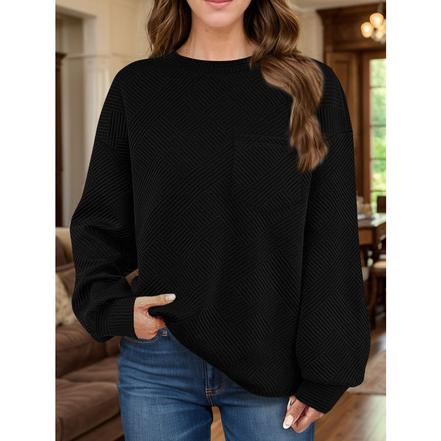 Full Size Texture Round Neck Long Sleeve Sweatshirt Black / S Apparel and Accessories