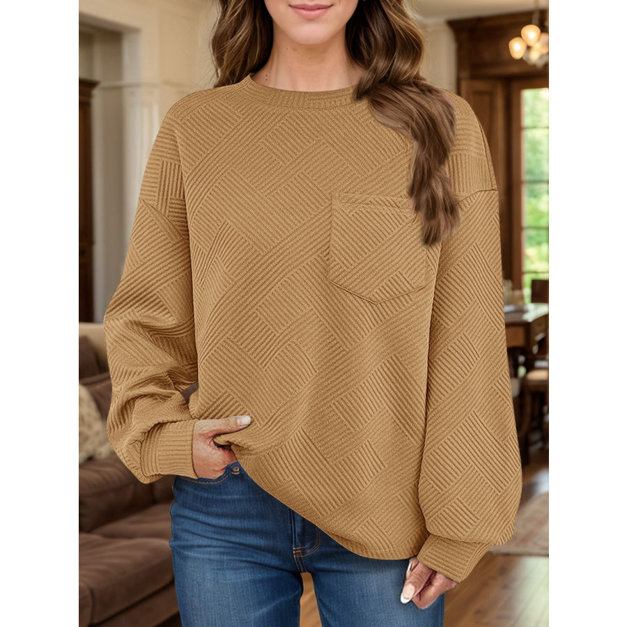 Full Size Texture Round Neck Long Sleeve Sweatshirt Camel / S Apparel and Accessories