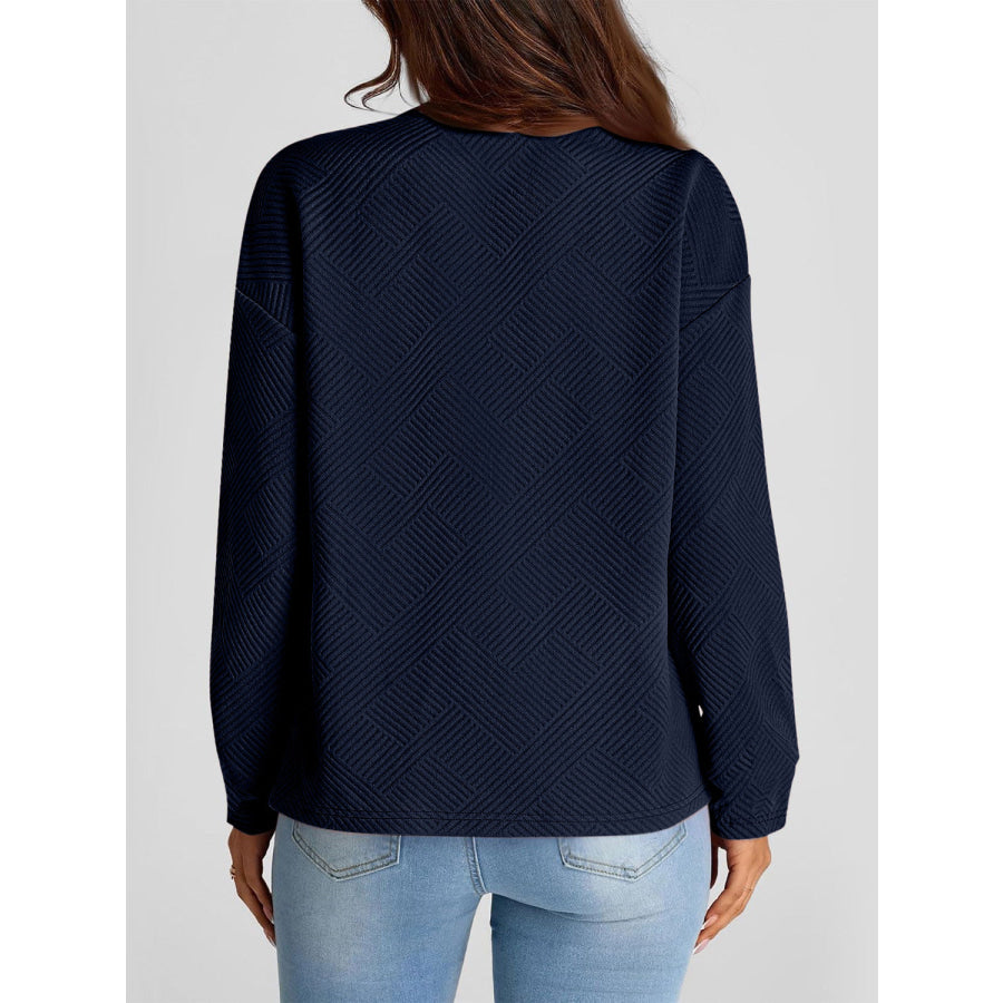 Full Size Texture Round Neck Long Sleeve Sweatshirt Dark Navy / S Apparel and Accessories