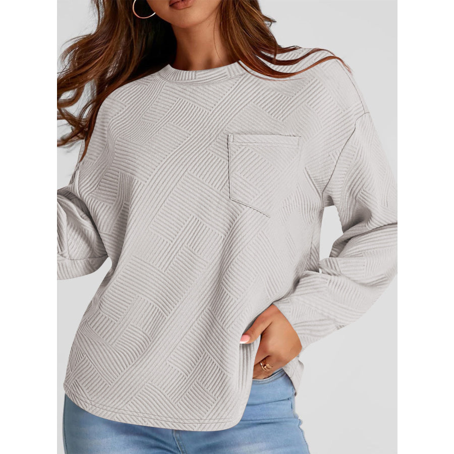 Full Size Texture Round Neck Long Sleeve Sweatshirt Light Gray / S Apparel and Accessories