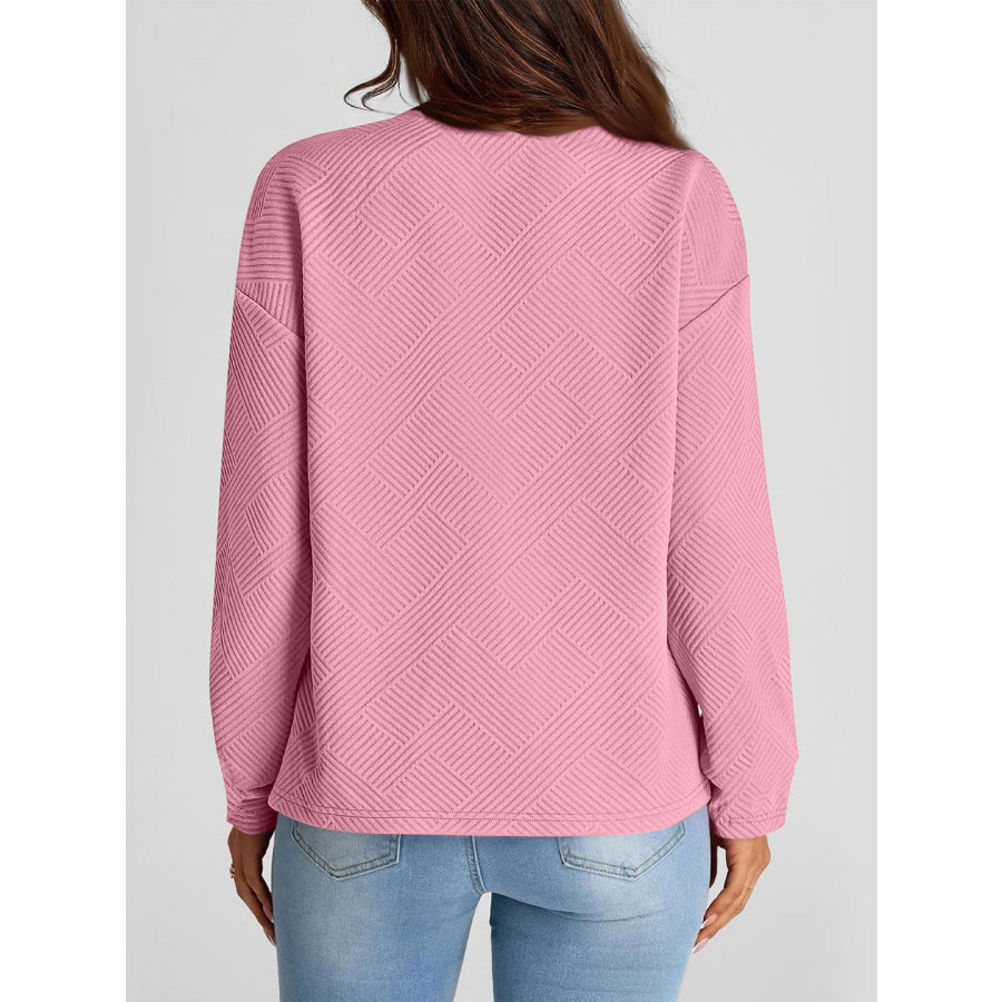 Full Size Texture Round Neck Long Sleeve Sweatshirt Pink / S Apparel and Accessories