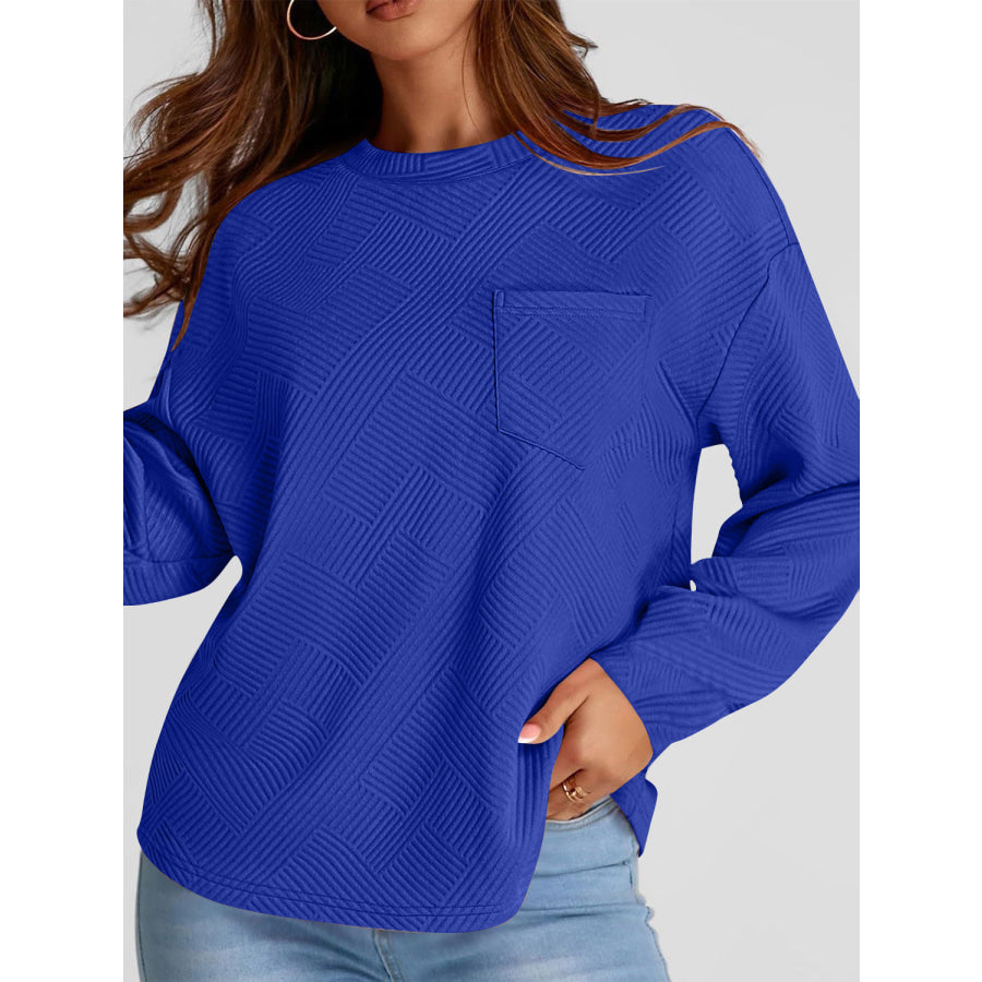 Full Size Texture Round Neck Long Sleeve Sweatshirt Royal Blue / S Apparel and Accessories