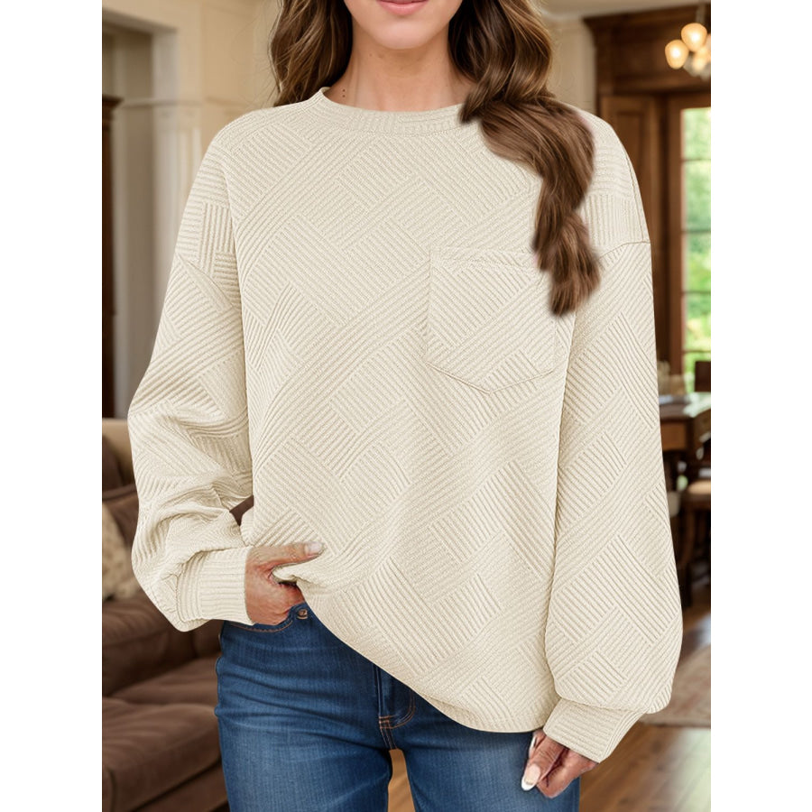 Full Size Texture Round Neck Long Sleeve Sweatshirt Tan / S Apparel and Accessories