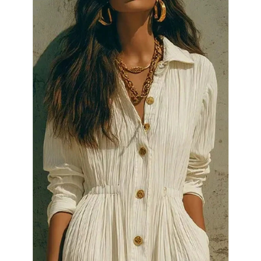 Full Size Textured Button Down Long Sleeve Maxi Dress Plus Size Apparel and Accessories