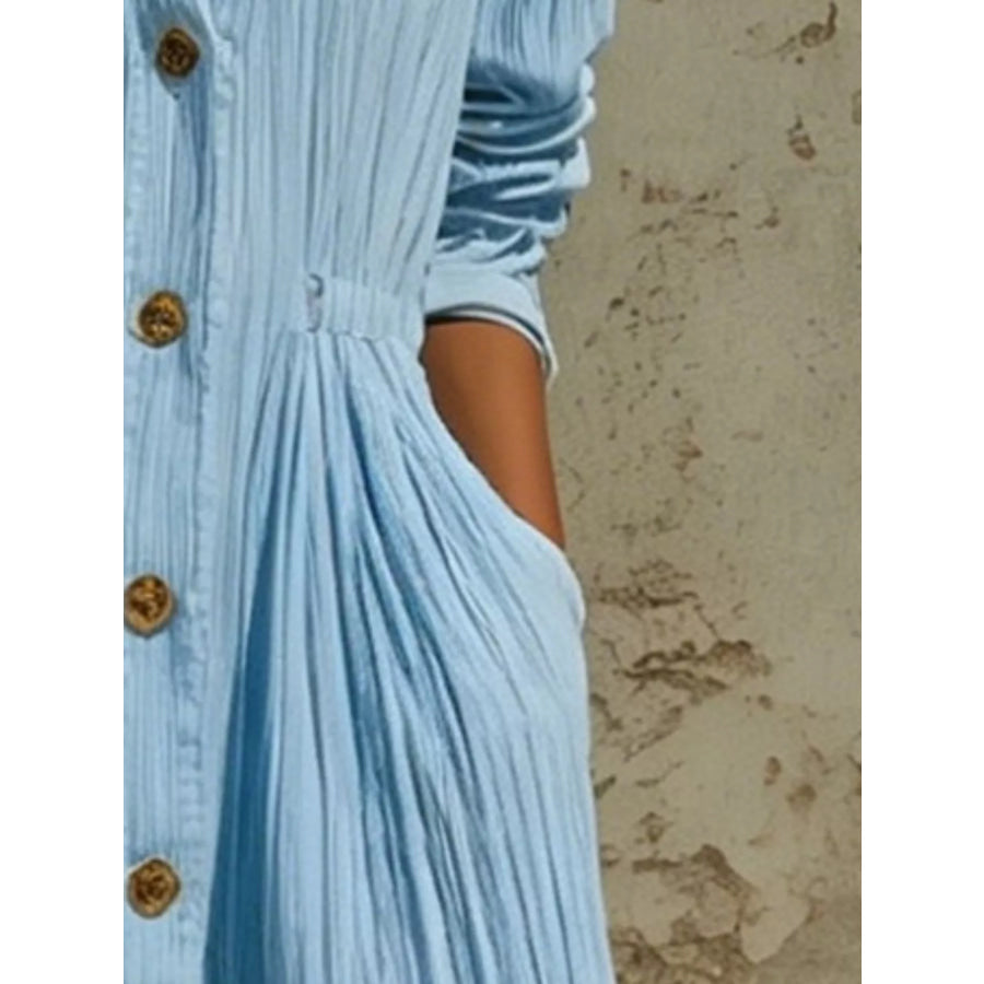Full Size Textured Button Down Long Sleeve Maxi Dress Plus Size Apparel and Accessories