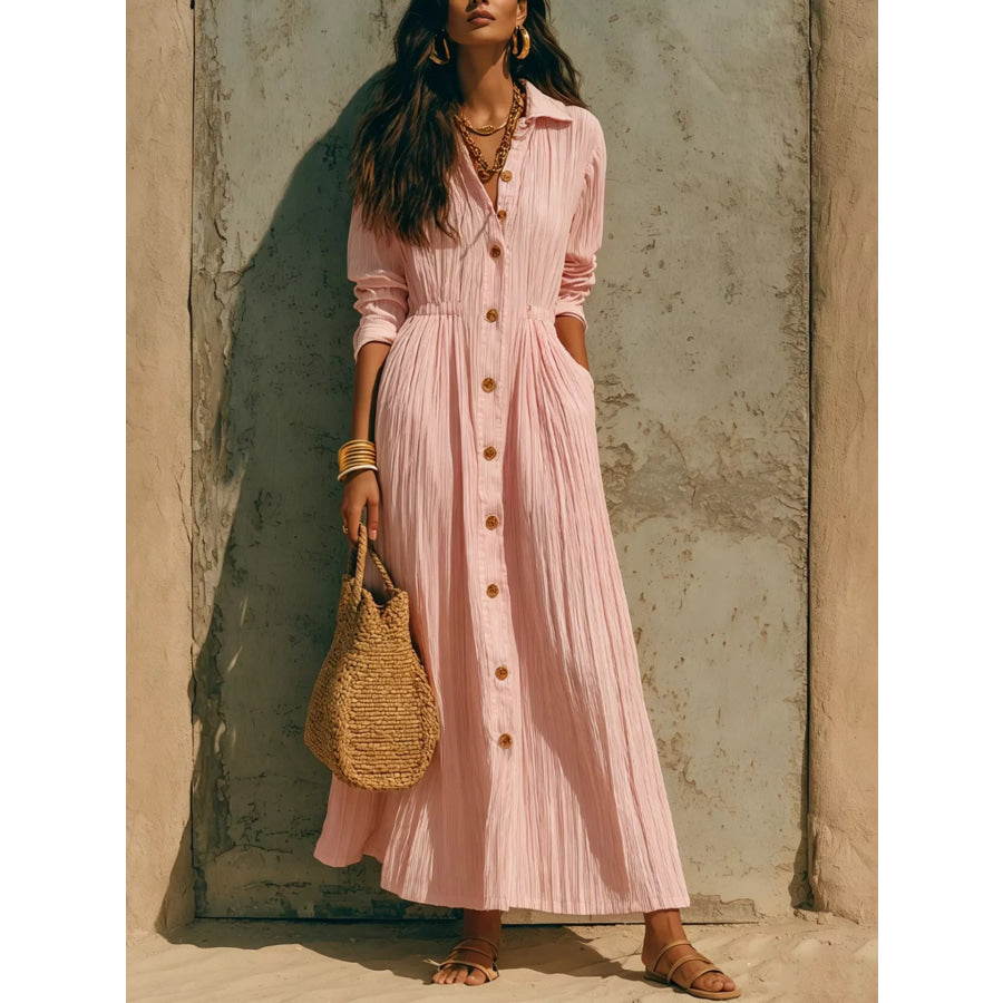 Full Size Textured Button Down Long Sleeve Maxi Dress Plus Size Pink / S Apparel and Accessories
