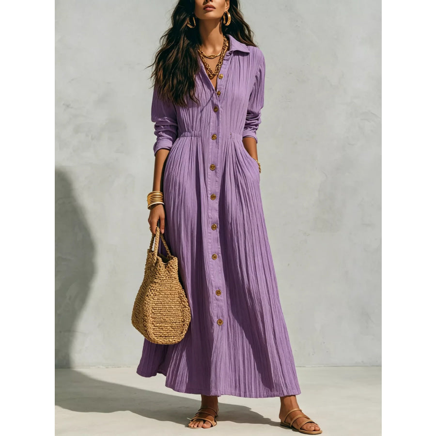 Full Size Textured Button Down Long Sleeve Maxi Dress Plus Size Purple / S Apparel and Accessories