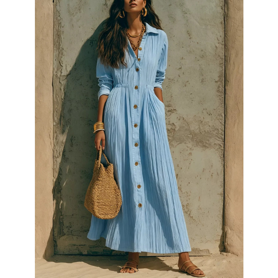 Full Size Textured Button Down Long Sleeve Maxi Dress Plus Size Sky Blue / S Apparel and Accessories