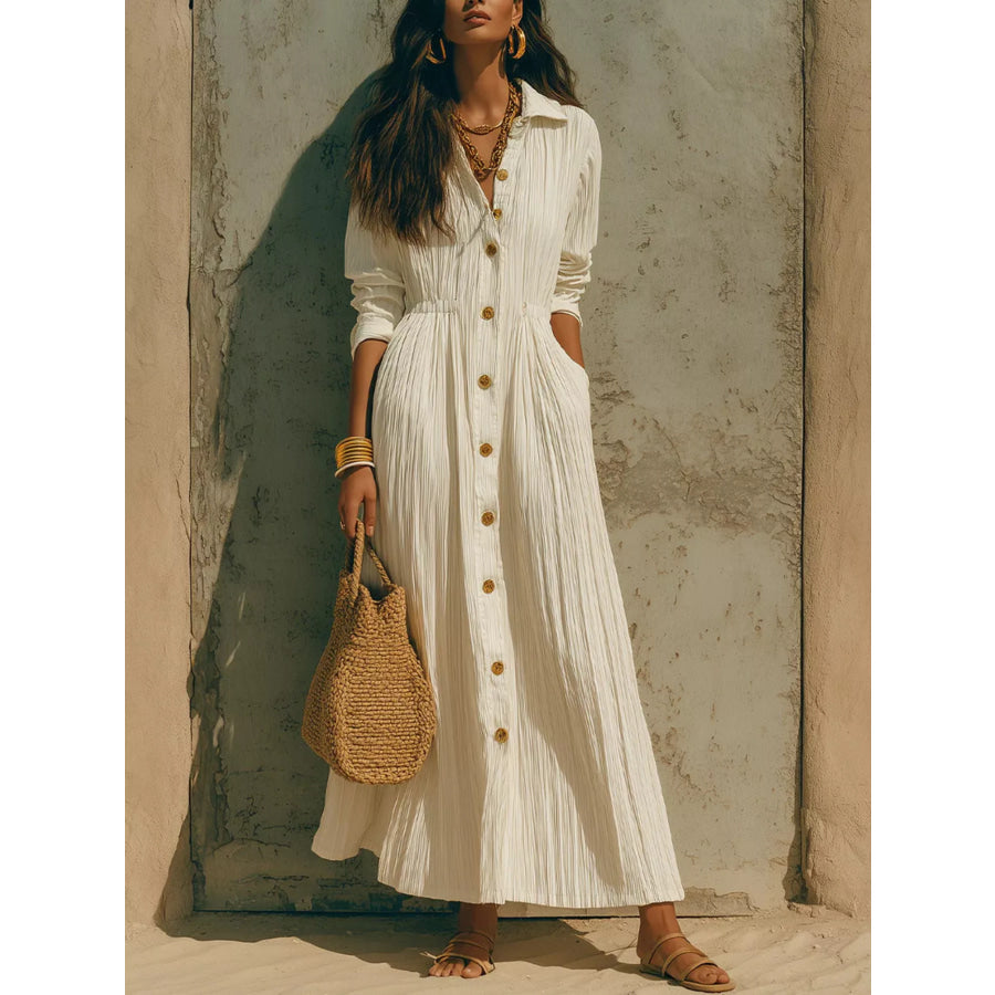 Full Size Textured Button Down Long Sleeve Maxi Dress Plus Size White / S Apparel and Accessories