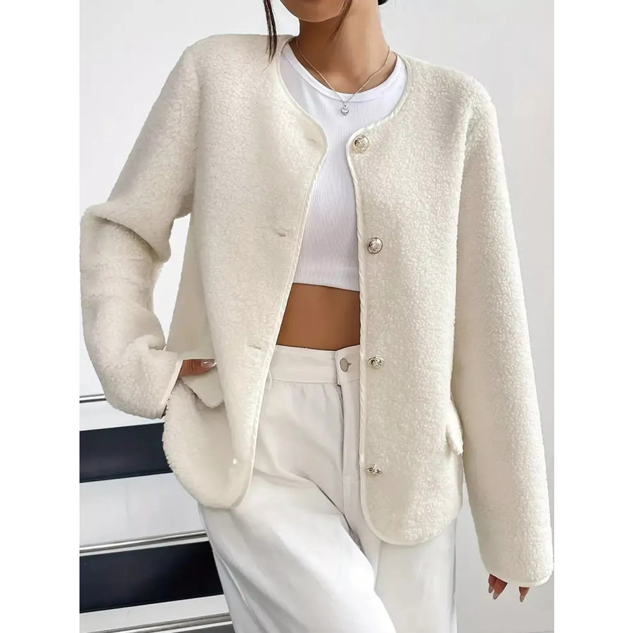 Full Size Textured Button-Front Jacket Plus Apparel and Accessories