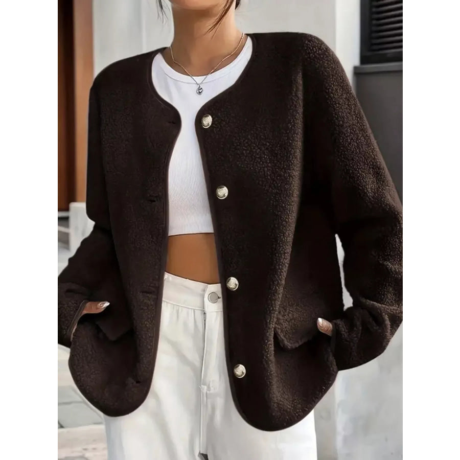Full Size Textured Button-Front Jacket Plus Apparel and Accessories