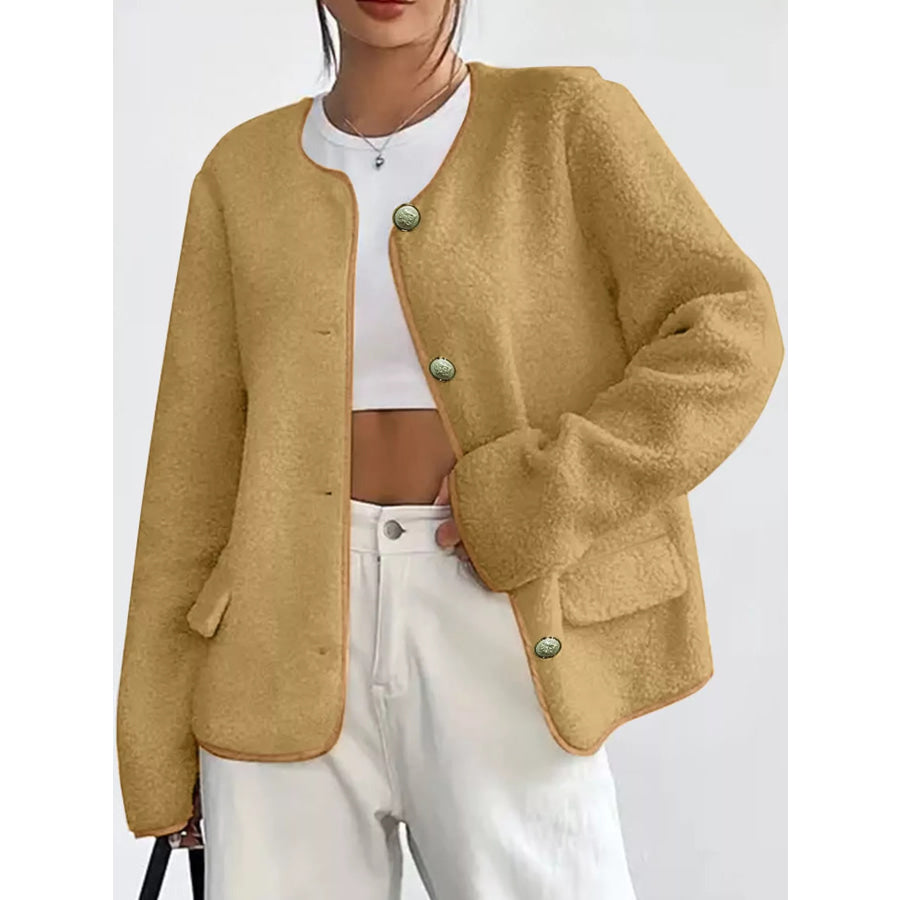 Full Size Textured Button-Front Jacket Plus Apparel and Accessories