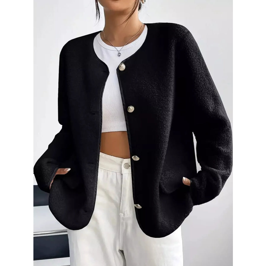Full Size Textured Button-Front Jacket Plus Black / S Apparel and Accessories