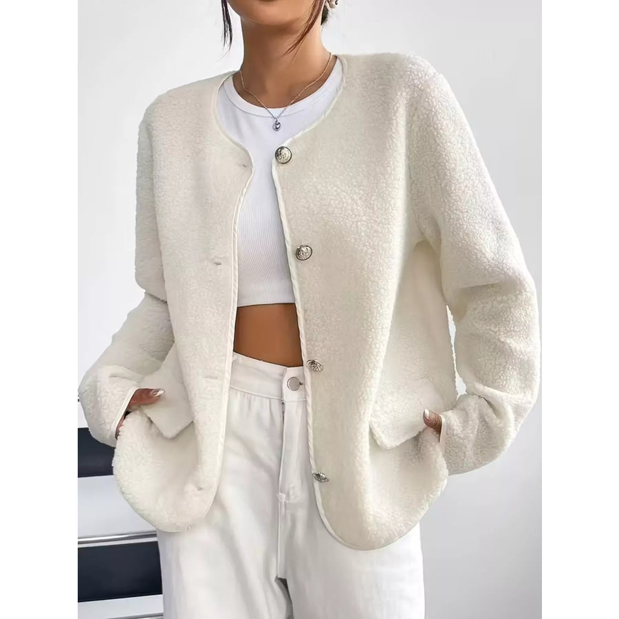 Full Size Textured Button-Front Jacket Plus Ivory / S Apparel and Accessories