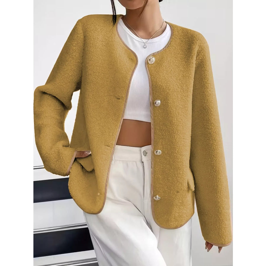 Full Size Textured Button-Front Jacket Plus Khaki / S Apparel and Accessories