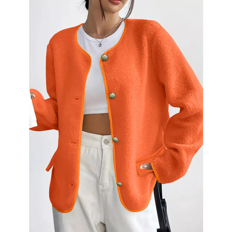 Full Size Textured Button-Front Jacket Plus Orange / S Apparel and Accessories