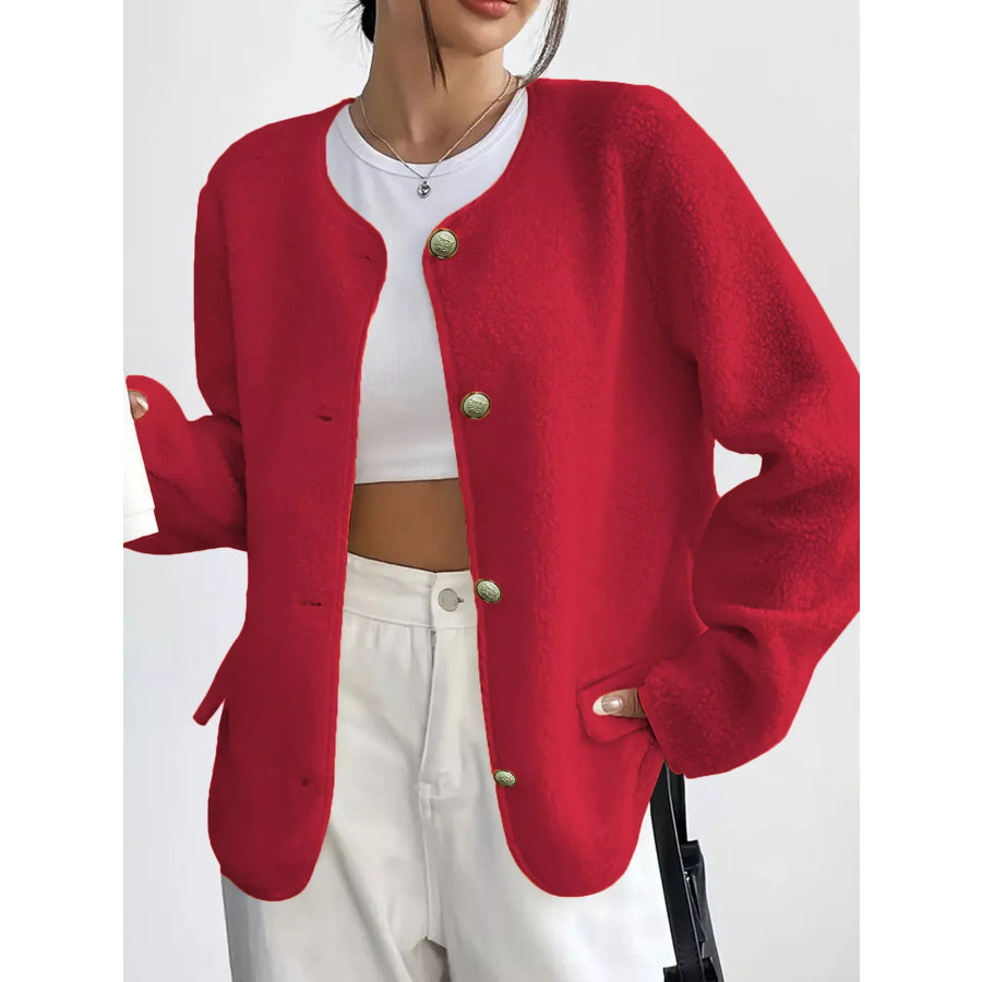 Full Size Textured Button-Front Jacket Plus Red / S Apparel and Accessories