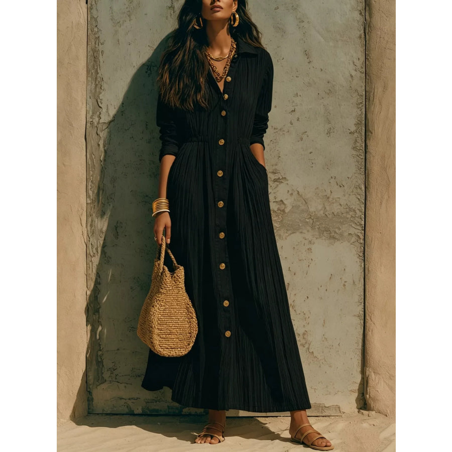 Full Size Textured Button Front Long Sleeve Maxi Dress Plus Size Apparel and Accessories