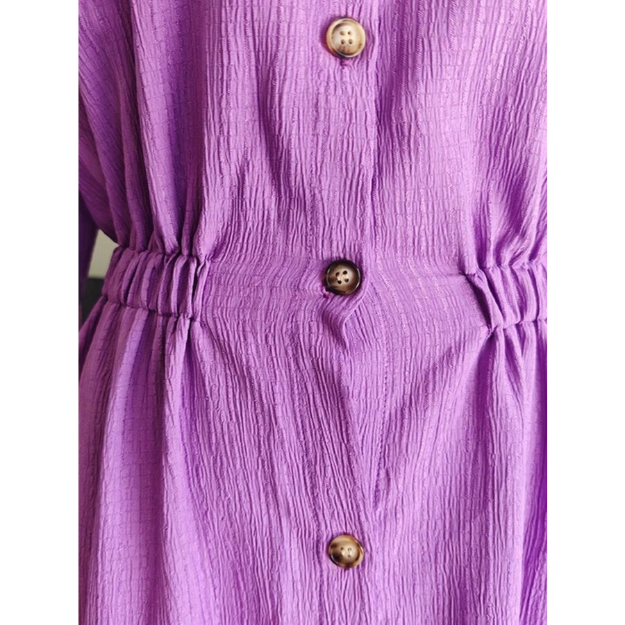 Full Size Textured Button Front Long Sleeve Maxi Dress Plus Size Apparel and Accessories