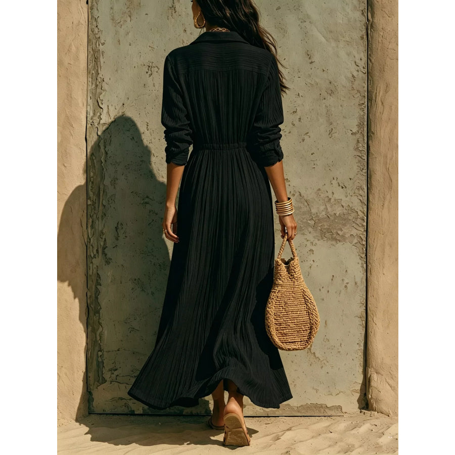 Full Size Textured Button Front Long Sleeve Maxi Dress Plus Size Apparel and Accessories