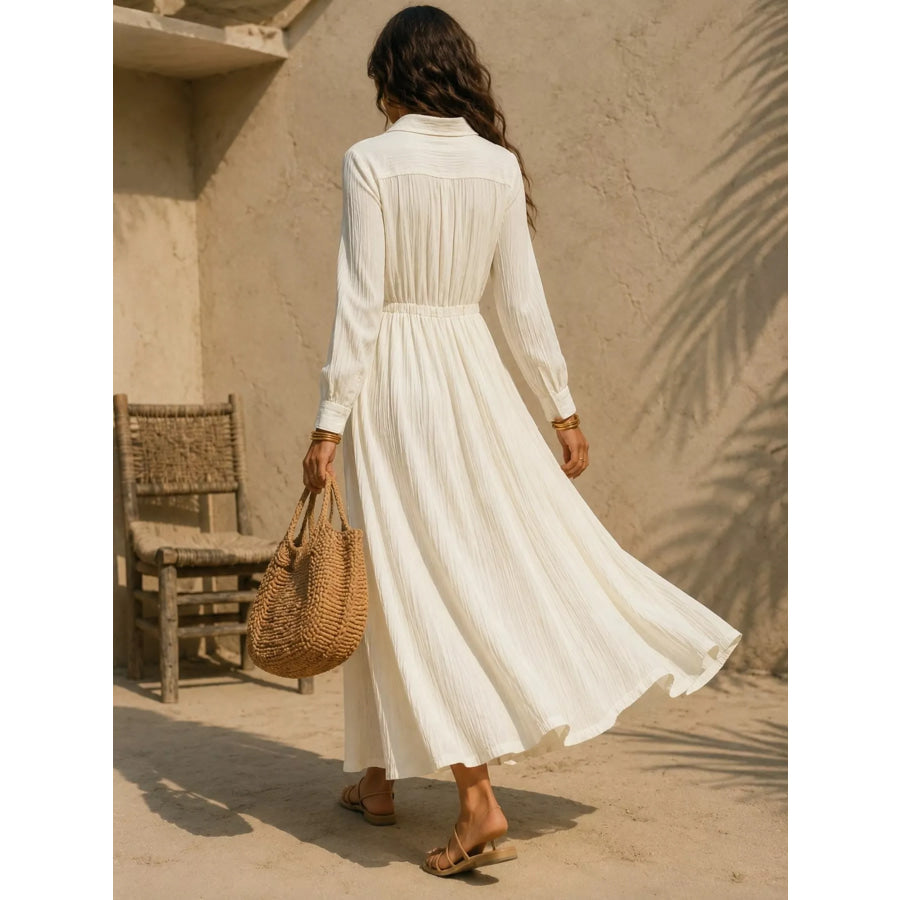 Full Size Textured Button Front Long Sleeve Maxi Dress Plus Size Apparel and Accessories