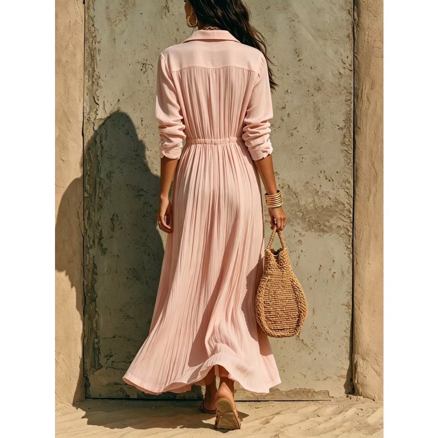 Full Size Textured Button Front Long Sleeve Maxi Dress Plus Size Apparel and Accessories
