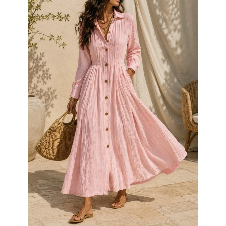 Full Size Textured Button Front Long Sleeve Maxi Dress Plus Size Apparel and Accessories