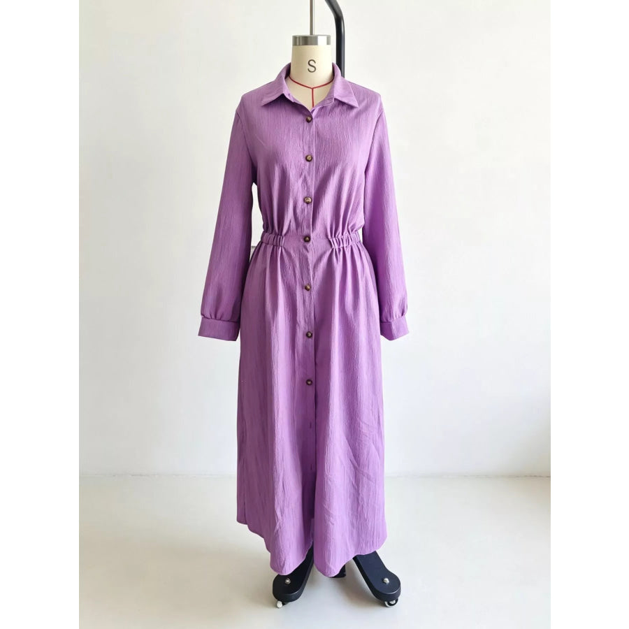 Full Size Textured Button Front Long Sleeve Maxi Dress Plus Size Apparel and Accessories