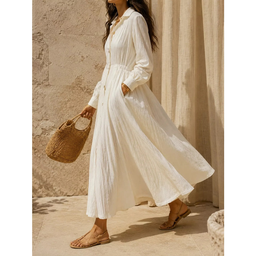Full Size Textured Button Front Long Sleeve Maxi Dress Plus Size Apparel and Accessories