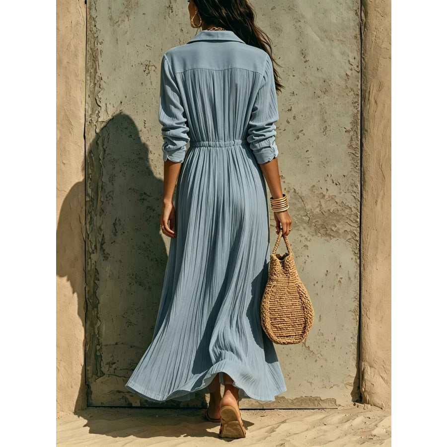 Full Size Textured Button Front Long Sleeve Maxi Dress Plus Size Apparel and Accessories