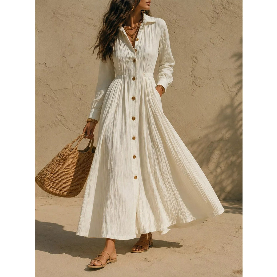Full Size Textured Button Front Long Sleeve Maxi Dress Plus Size Apparel and Accessories