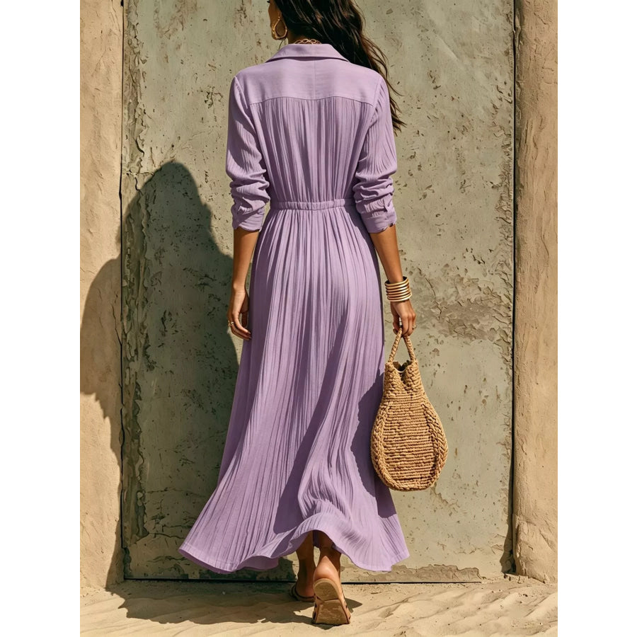 Full Size Textured Button Front Long Sleeve Maxi Dress Plus Size Apparel and Accessories