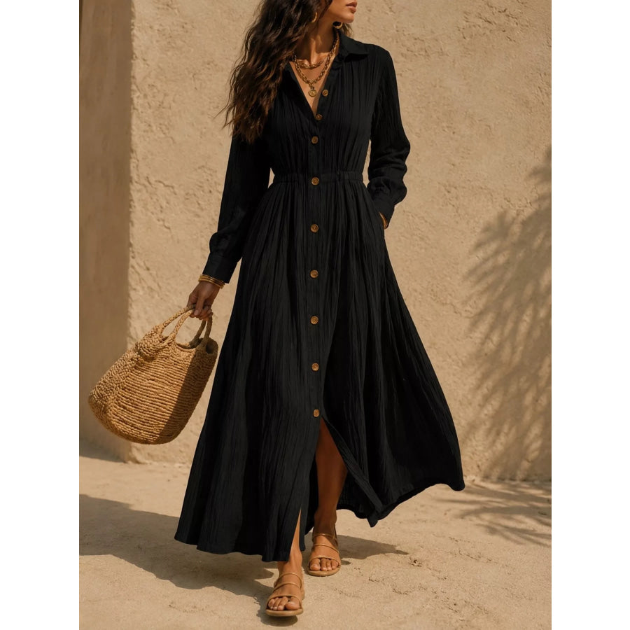Full Size Textured Button Front Long Sleeve Maxi Dress Plus Size Black / S Apparel and Accessories