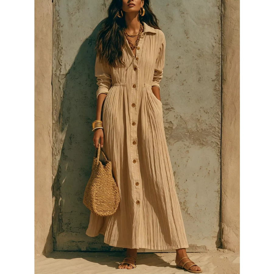 Full Size Textured Button Front Long Sleeve Maxi Dress Plus Size Khaki / S Apparel and Accessories