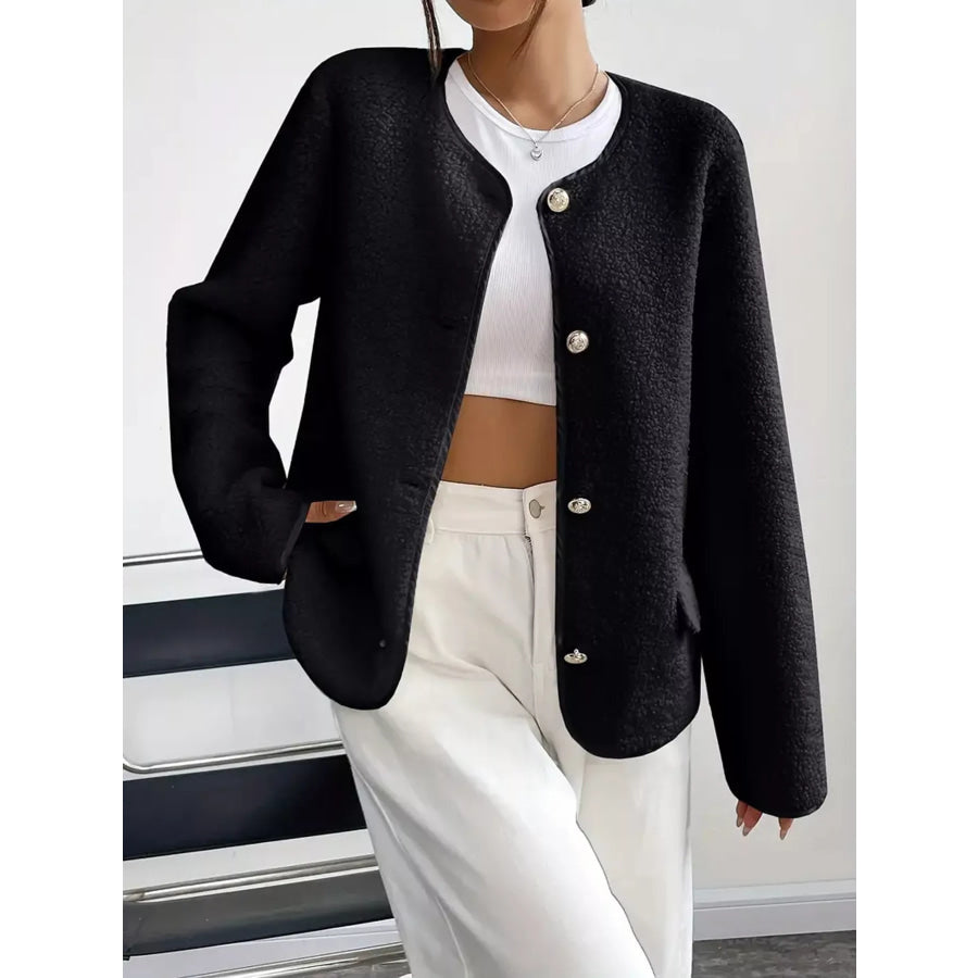 Full Size Textured Button-Up Fleece Outerwear Plus Size Black / S Apparel and Accessories