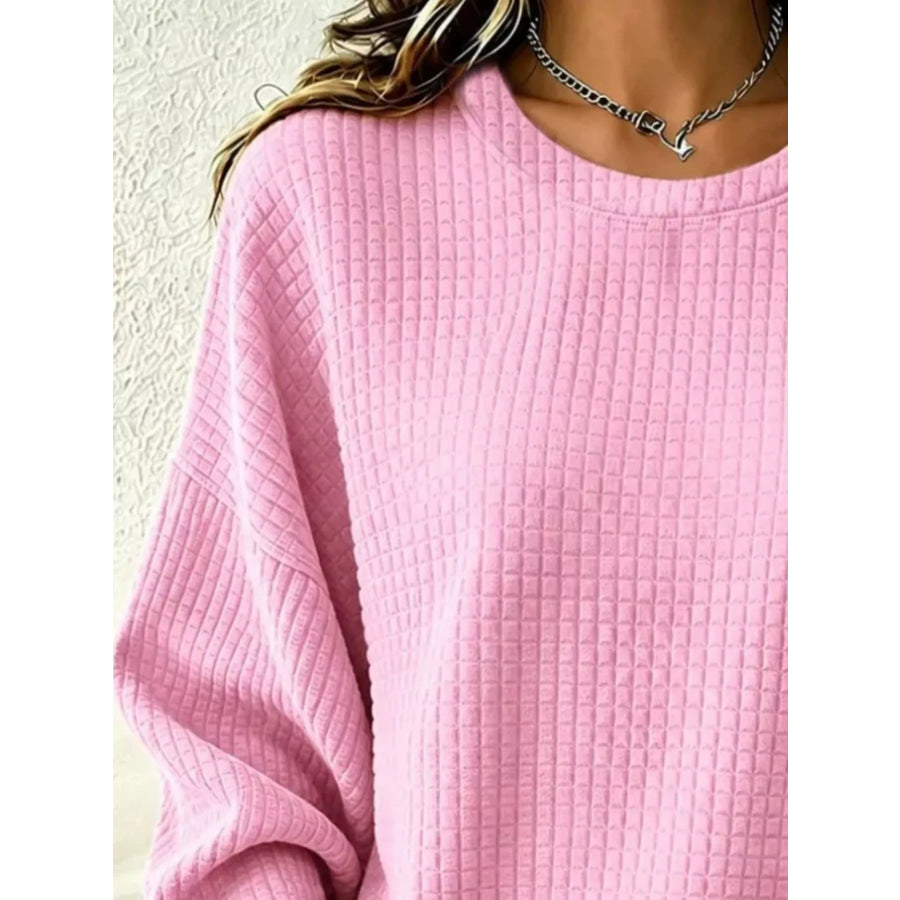 Full Size Textured Crew Neck Long Sleeve Sweatshirt Plus Pink / S Apparel and Accessories