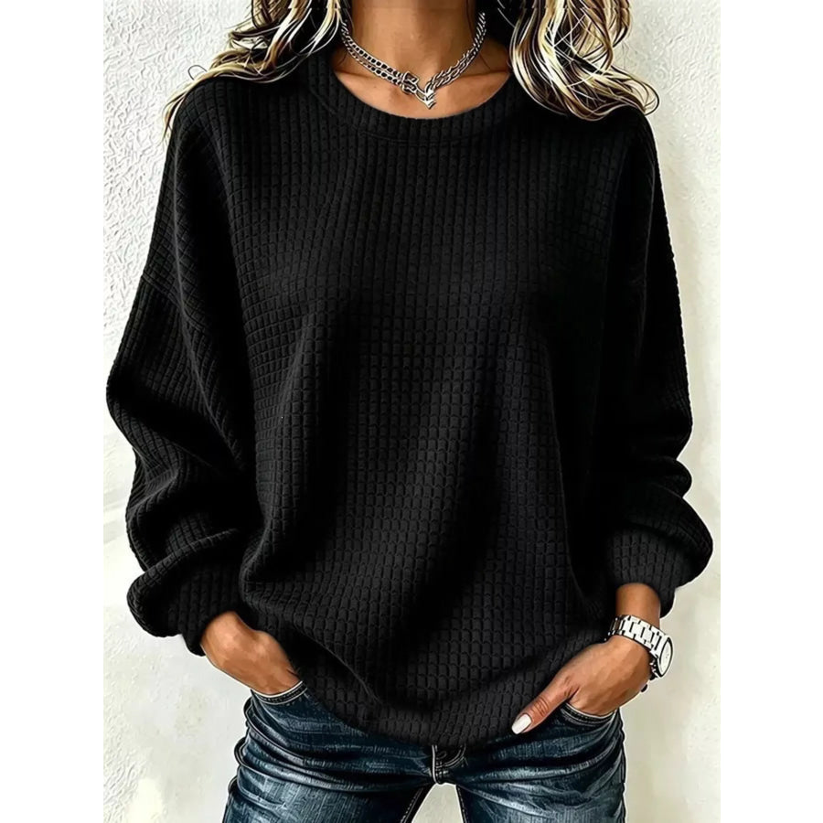 Full Size Textured Crew Neck Long Sleeve Sweatshirt Plus Black / S Apparel and Accessories