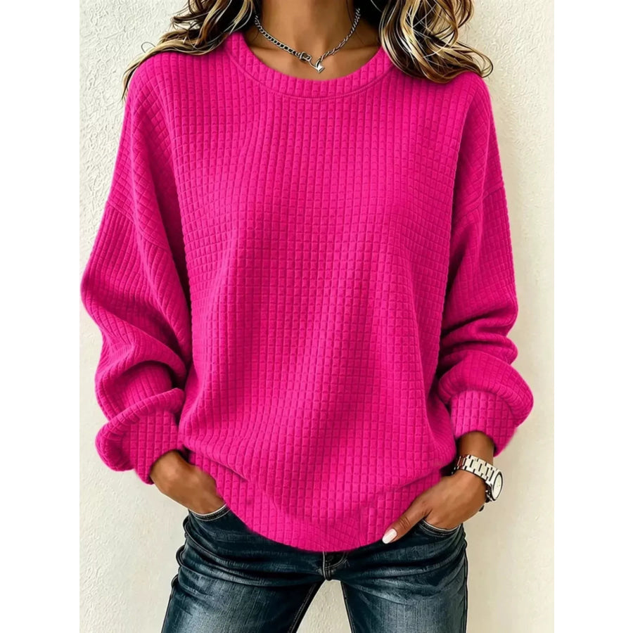 Full Size Textured Crew Neck Long Sleeve Sweatshirt Plus Fuchsia Pink / S Apparel and Accessories