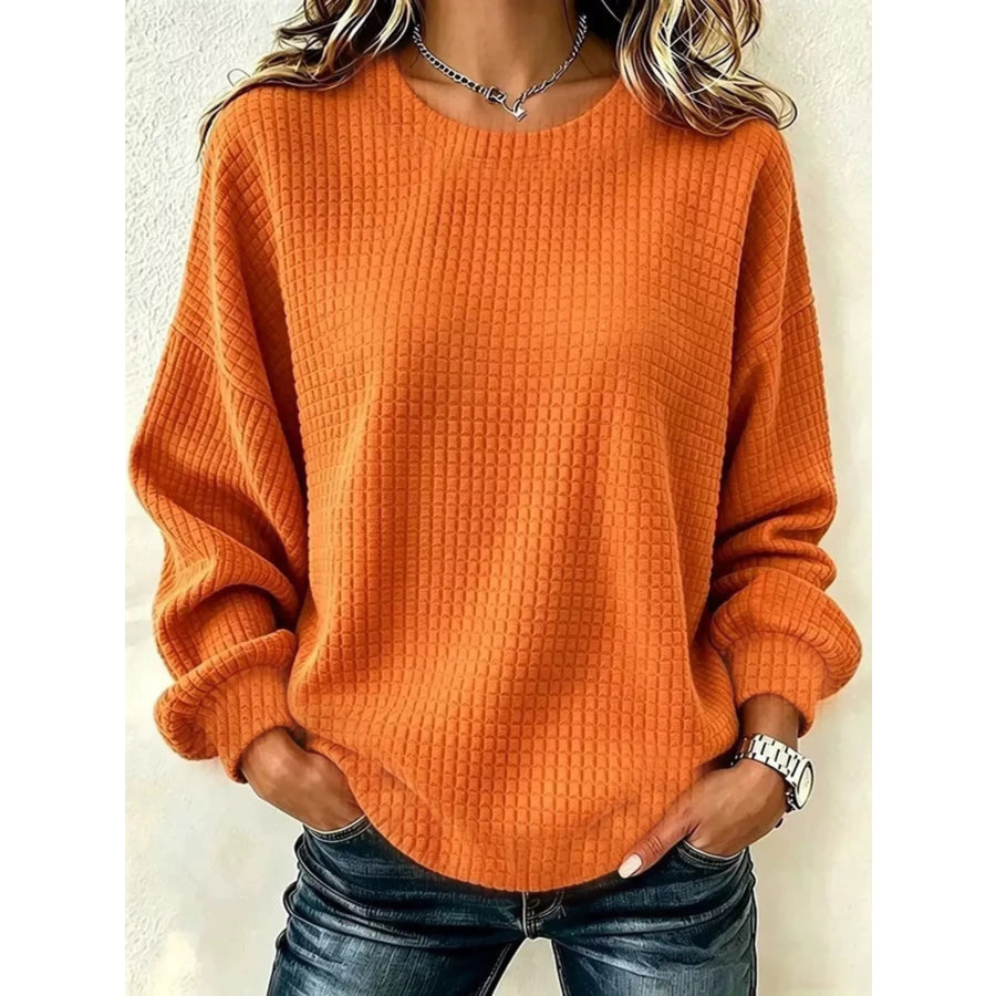 Full Size Textured Crew Neck Long Sleeve Sweatshirt Plus Orange / S Apparel and Accessories