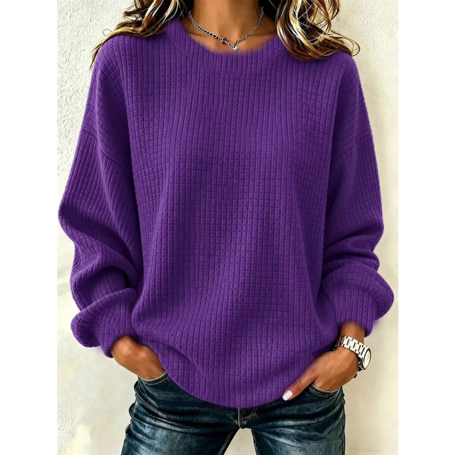 Full Size Textured Crew Neck Long Sleeve Sweatshirt Plus Purple / S Apparel and Accessories