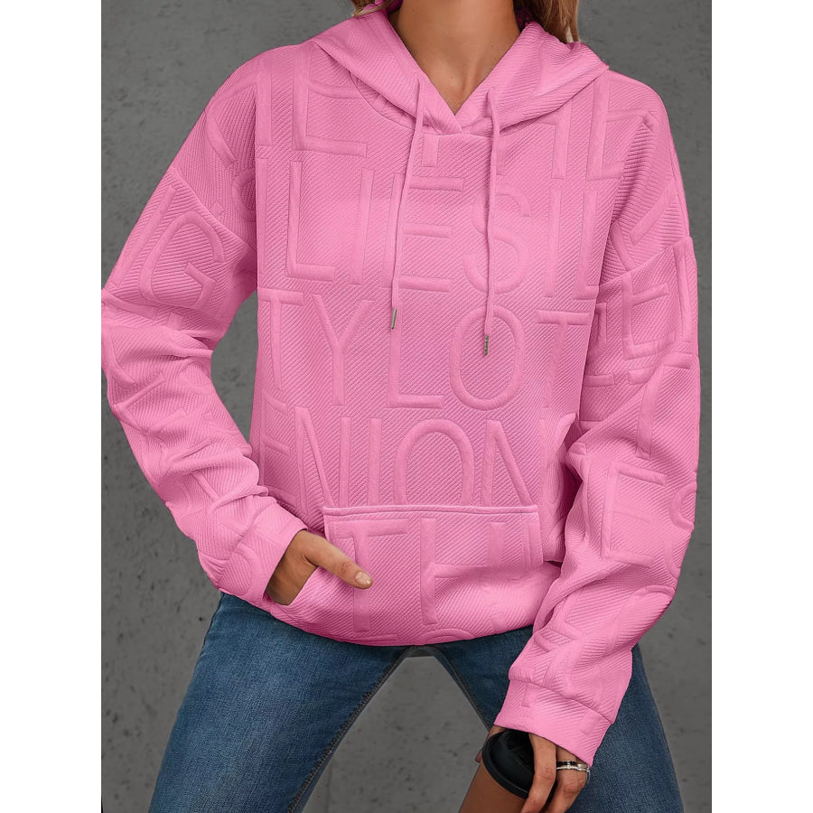 Full Size Textured Embossed Long Sleeve Hoodie Plus Size Apparel and Accessories