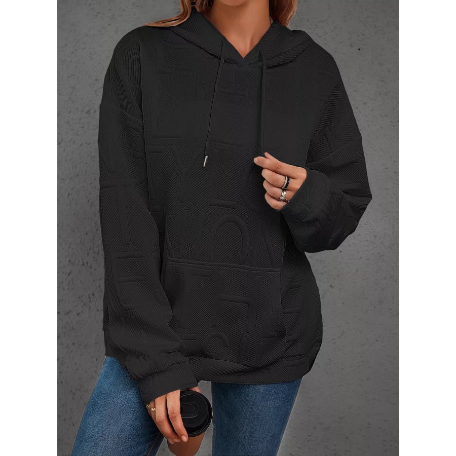 Full Size Textured Embossed Long Sleeve Hoodie Plus Size Black / S Apparel and Accessories