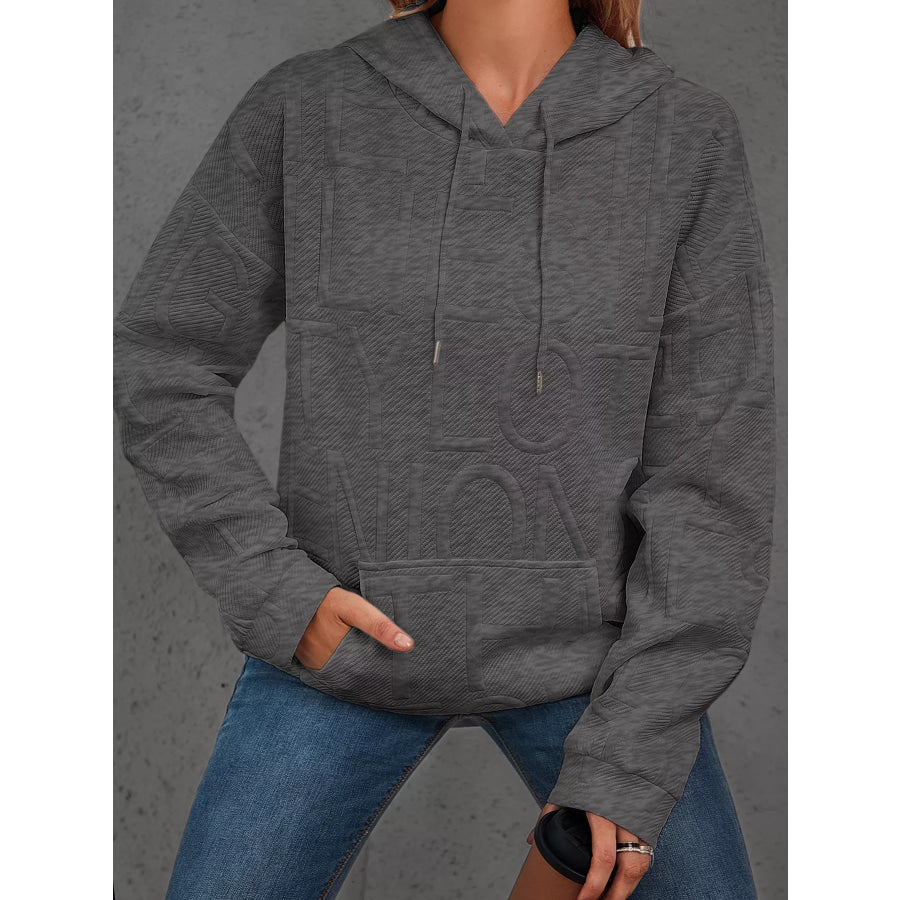 Full Size Textured Embossed Long Sleeve Hoodie Plus Size Dark Gray / S Apparel and Accessories