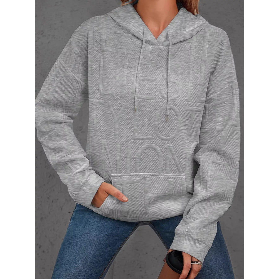 Full Size Textured Embossed Long Sleeve Hoodie Plus Size Grey / S Apparel and Accessories