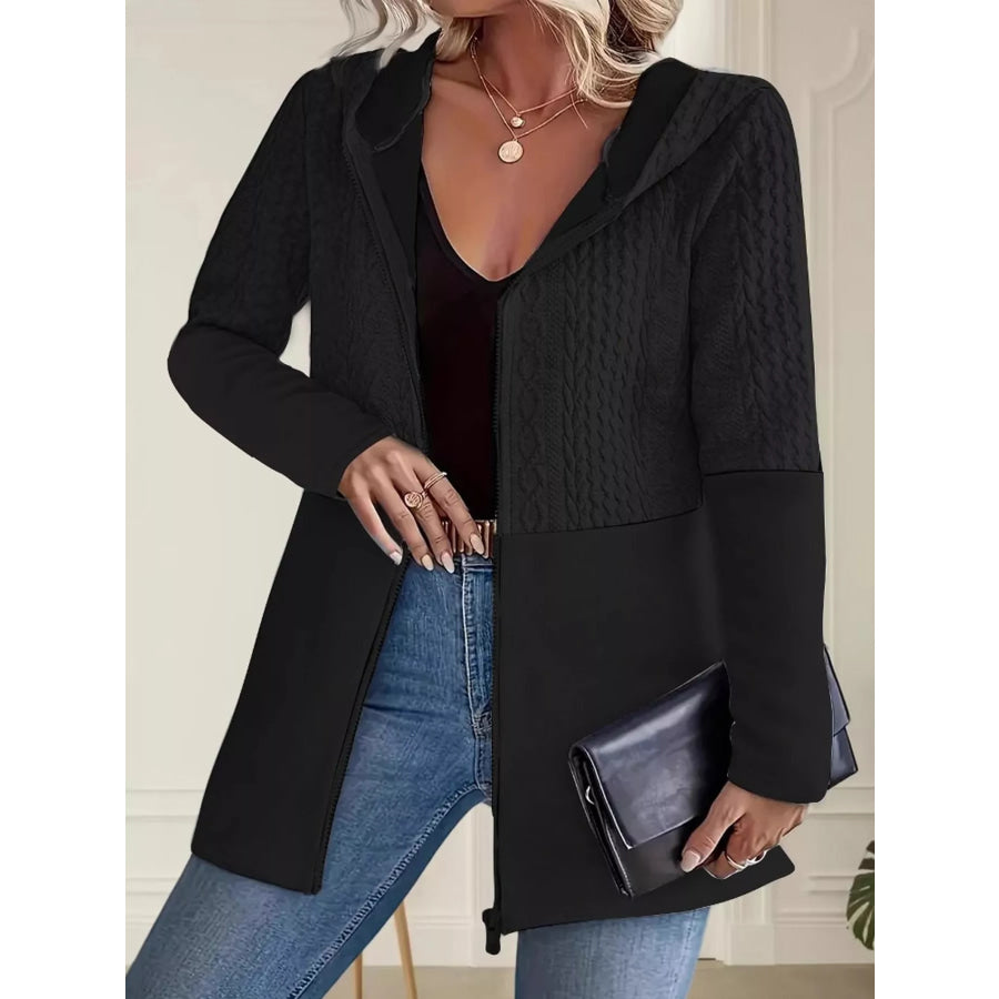 Full Size Textured Hooded Zip-Up Jacket Plus Black / S Apparel and Accessories